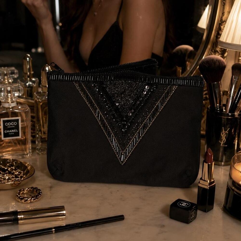 Vintage Dover Black Beaded Satin Clutch